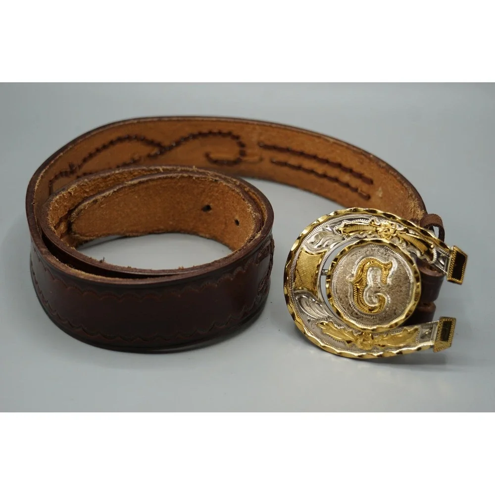Vintage Tooled Leather Western Belt Brown Horseshoe C Buckle Mexico Mens 38